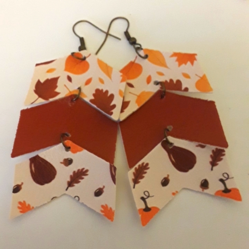 Fall inspired 3 tier faux leather earrings